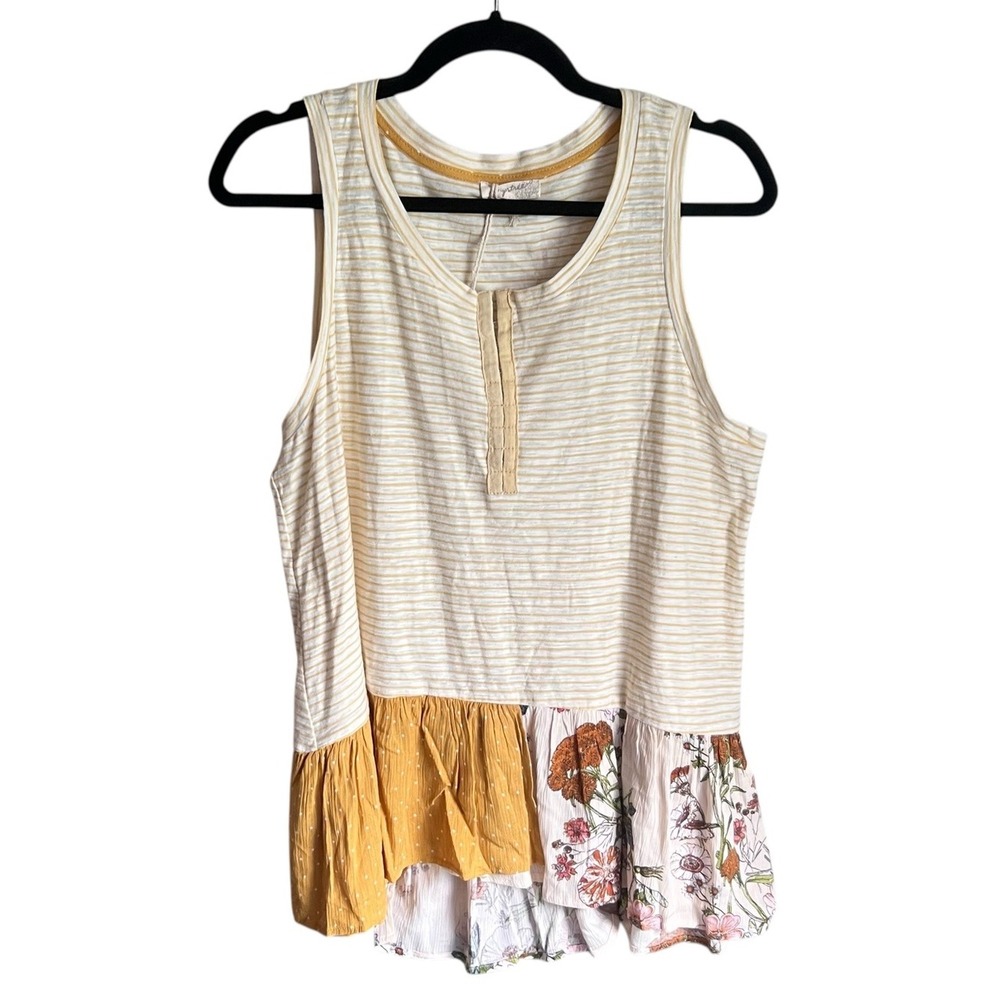 Mystree NWT Boho Patchwork Tank Top Large Floral Striped Babydoll Boutique - Picture 3 of 5